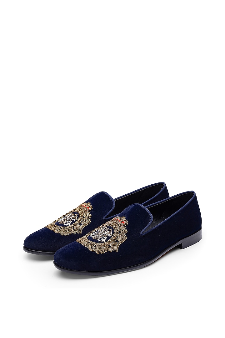 Blue Velvet Hand Embroidered Slip-Ons Shoes by SHUTIQ at Pernia's Pop Up Shop