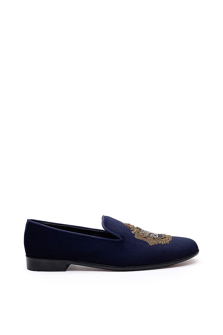 Blue Velvet Hand Embroidered Slip-Ons Shoes by SHUTIQ at Pernia's Pop Up Shop