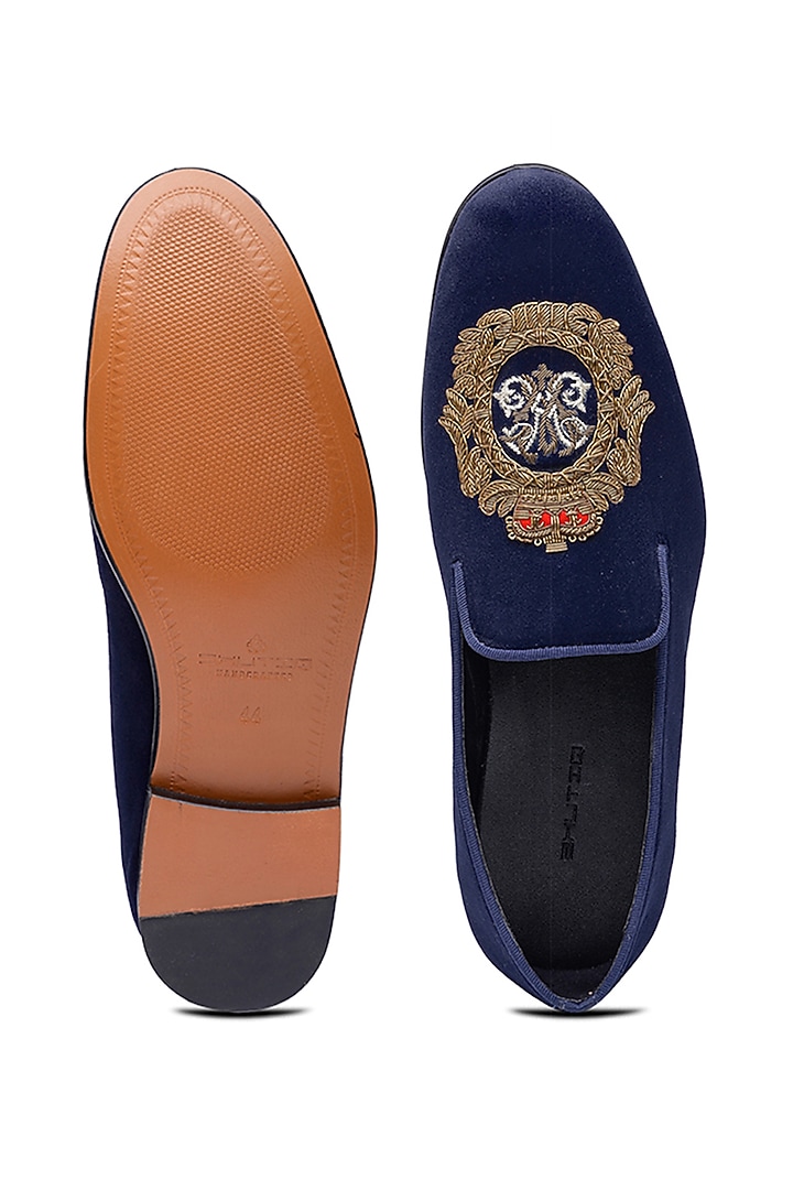 Blue Velvet Hand Embroidered Slip-Ons Shoes by SHUTIQ at Pernia's Pop Up Shop