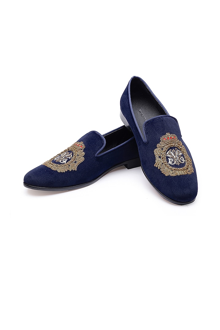 Blue Velvet Hand Embroidered Slip-Ons Shoes by SHUTIQ at Pernia's Pop Up Shop