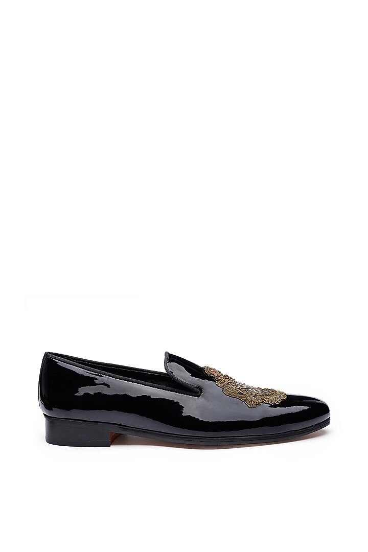 Black Patent Leather Hand Embroidered Slip-Ons Shoes by SHUTIQ at Pernia's Pop Up Shop