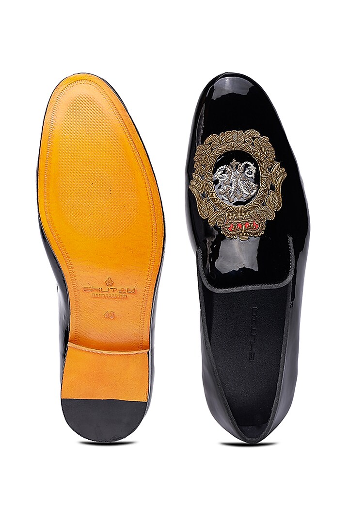 Black Patent Leather Hand Embroidered Slip-Ons Shoes by SHUTIQ at Pernia's Pop Up Shop