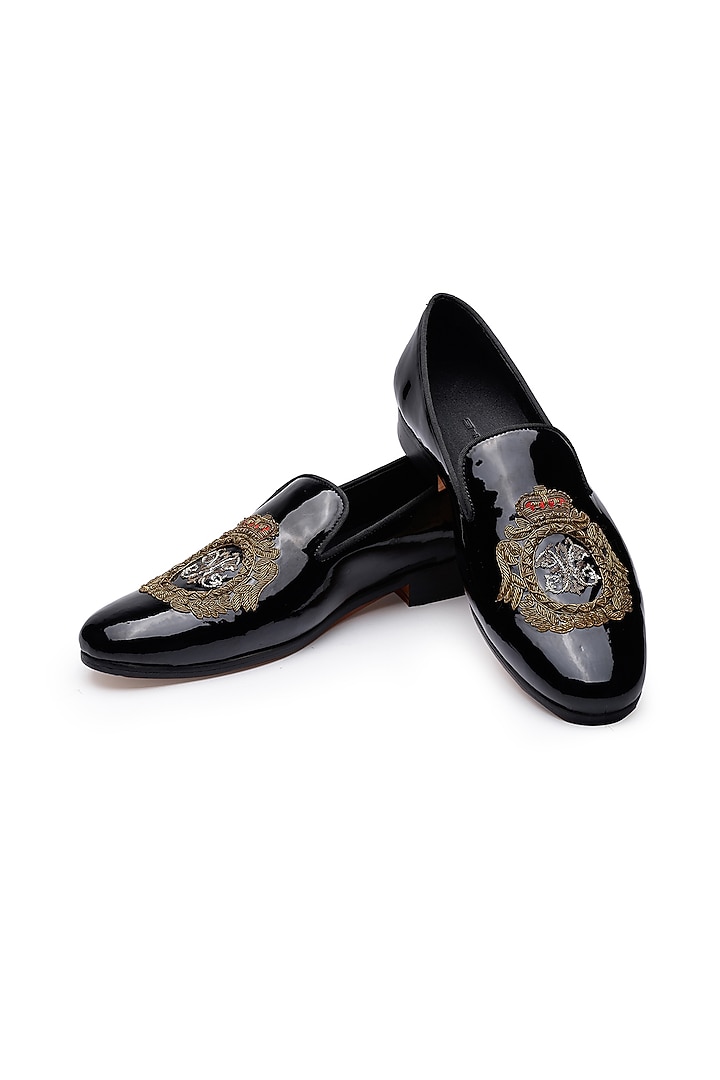 Black Patent Leather Hand Embroidered Slip-Ons Shoes by SHUTIQ at Pernia's Pop Up Shop
