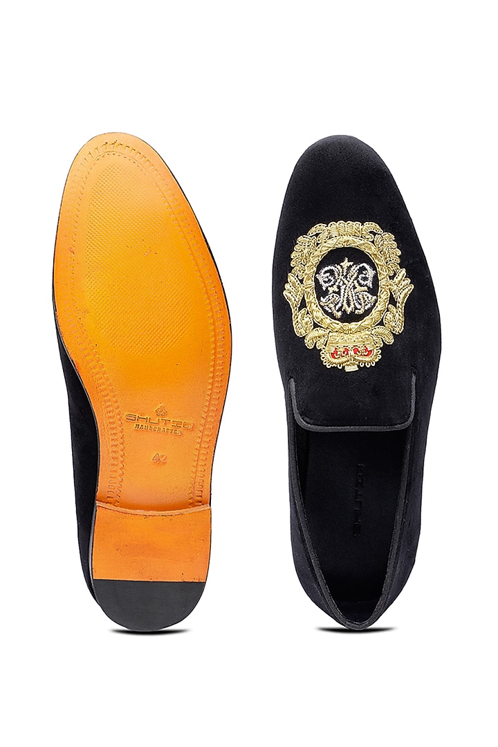 Black Velvet Hand Embroidered Slip-Ons Shoes by SHUTIQ at Pernia's Pop Up Shop
