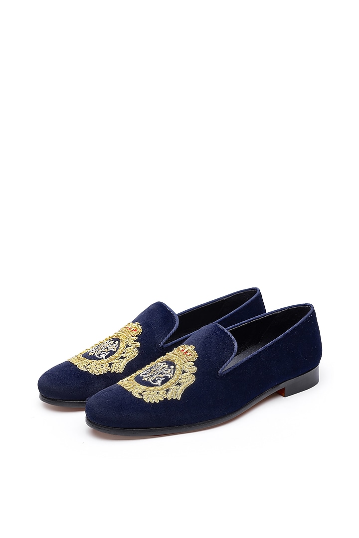 Blue Velvet Hand Embroidered Slip-Ons Shoes by SHUTIQ at Pernia's Pop Up Shop