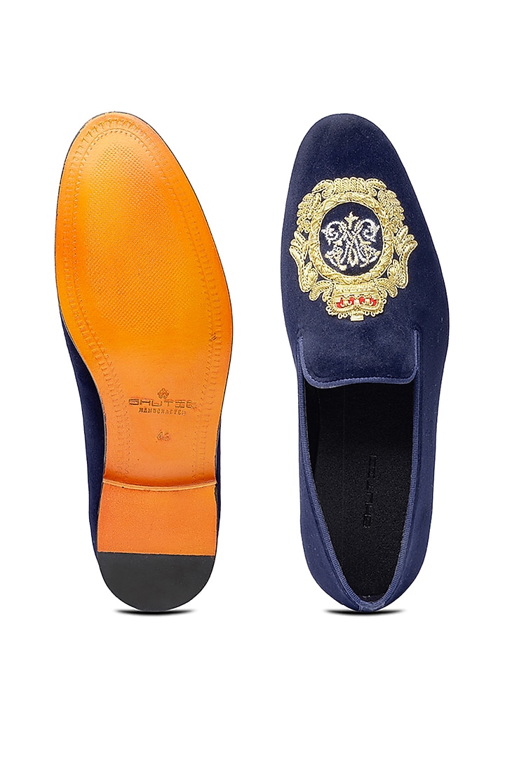 Blue Velvet Hand Embroidered Slip-Ons Shoes by SHUTIQ at Pernia's Pop Up Shop