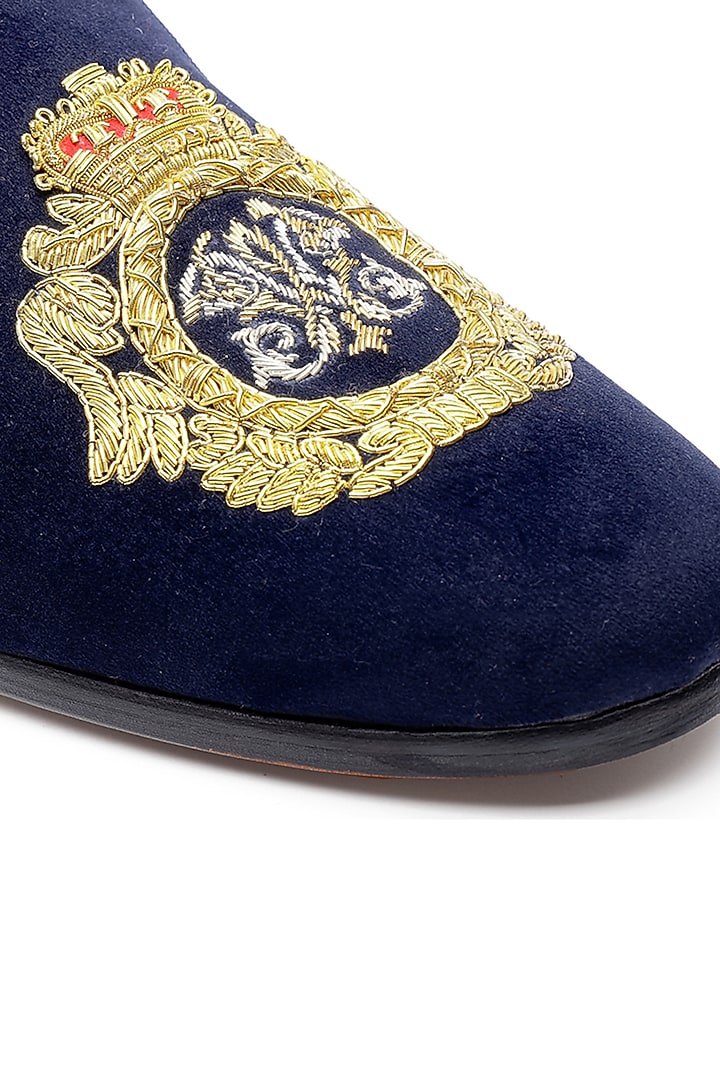 Blue Velvet Hand Embroidered Slip-Ons Shoes by SHUTIQ at Pernia's Pop Up Shop
