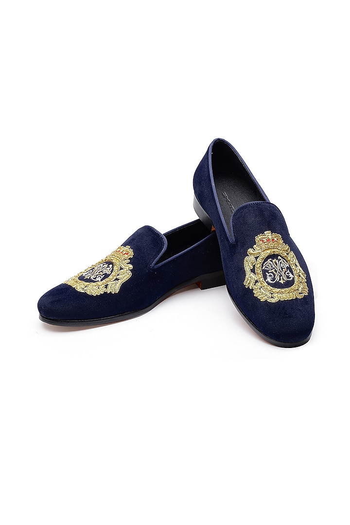 Blue Velvet Hand Embroidered Slip-Ons Shoes by SHUTIQ at Pernia's Pop Up Shop