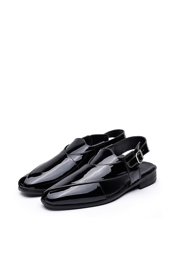 Black Patent Leather Peshawari Sandals by SHUTIQ at Pernia's Pop Up Shop