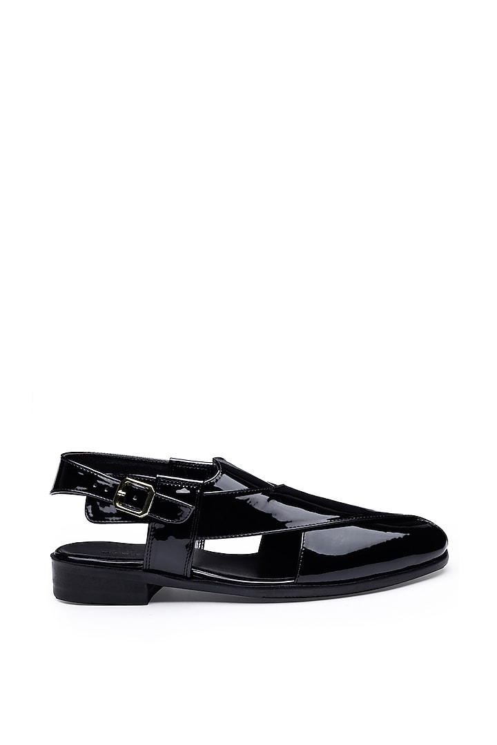 Black Patent Leather Peshawari Sandals by SHUTIQ at Pernia's Pop Up Shop
