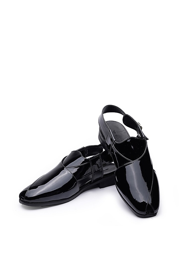 Black Patent Leather Peshawari Sandals by SHUTIQ at Pernia's Pop Up Shop