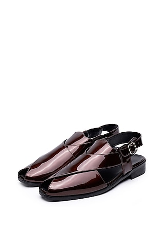 Wine Patent Leather Peshawari Sandals by SHUTIQ
