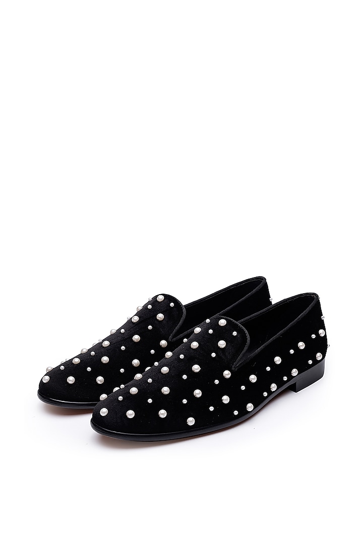 Black Velvet Embellished Slip-Ons Shoes by SHUTIQ at Pernia's Pop Up Shop