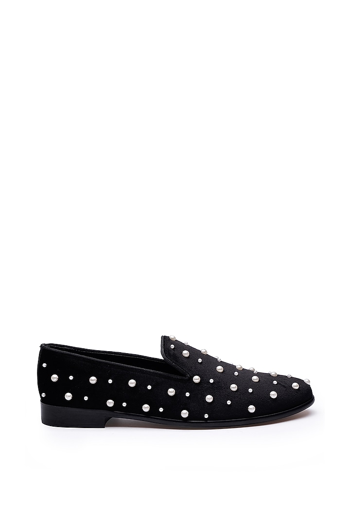 Black Velvet Embellished Slip-Ons Shoes by SHUTIQ at Pernia's Pop Up Shop