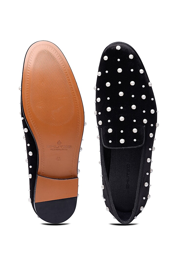 Black Velvet Embellished Slip-Ons Shoes by SHUTIQ at Pernia's Pop Up Shop