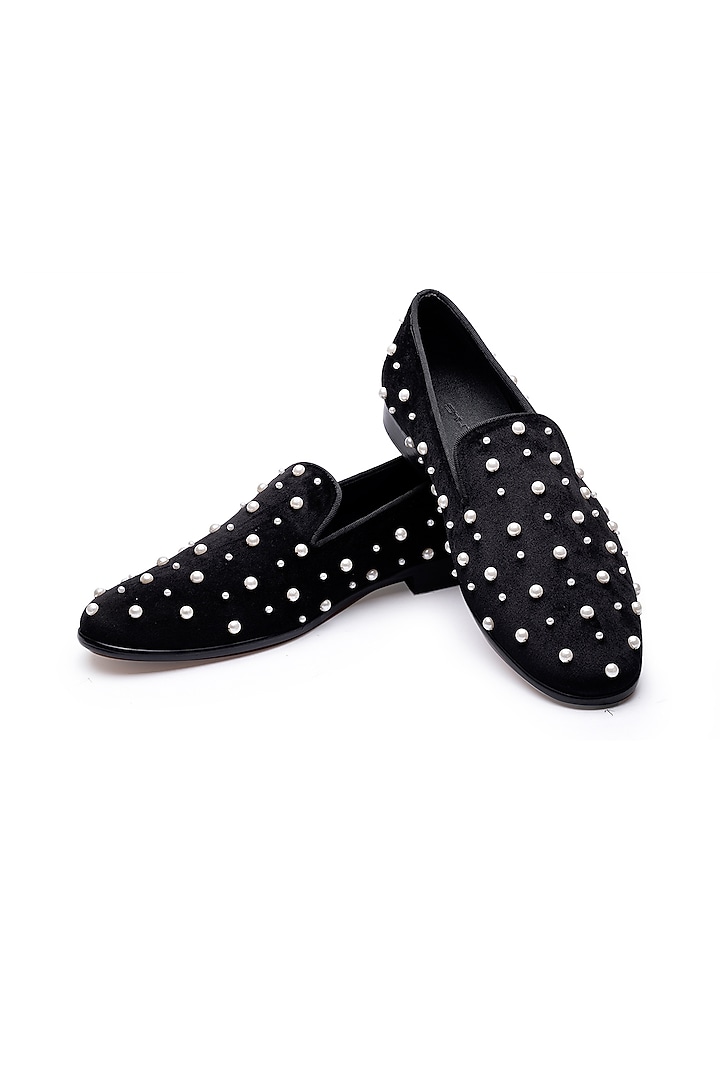 Black Velvet Embellished Slip-Ons Shoes by SHUTIQ at Pernia's Pop Up Shop