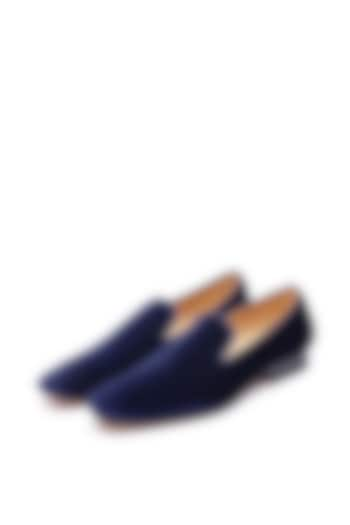 Navy Blue Velvet Embroidered Slip-Ons Shoes by SHUTIQ