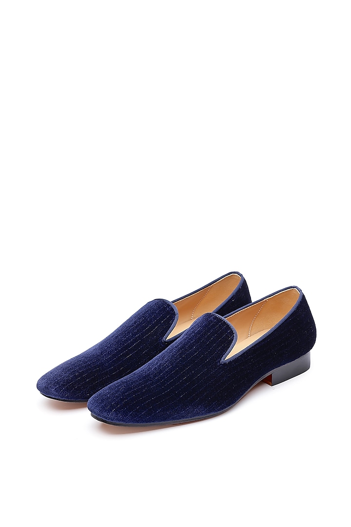 Navy Blue Velvet Embroidered Slip-Ons Shoes by SHUTIQ at Pernia's Pop Up Shop