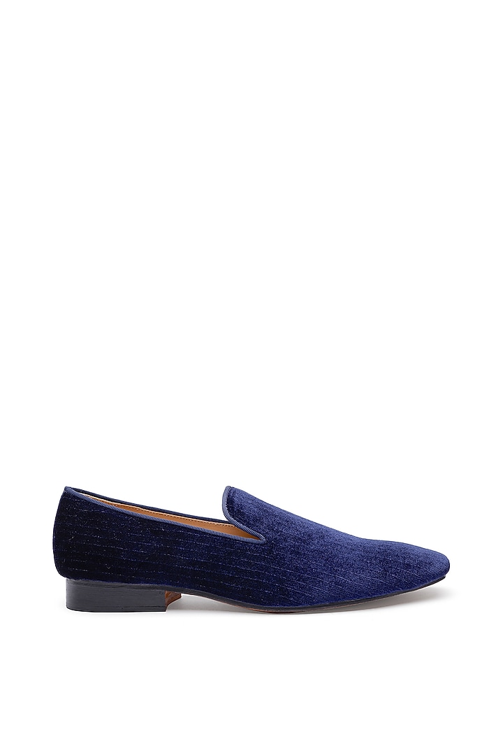 Navy Blue Velvet Embroidered Slip-Ons Shoes by SHUTIQ at Pernia's Pop Up Shop