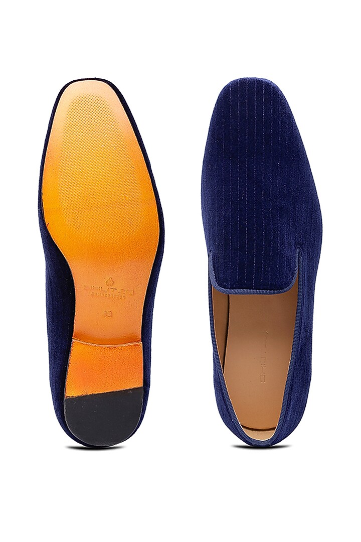 Navy Blue Velvet Embroidered Slip-Ons Shoes by SHUTIQ at Pernia's Pop Up Shop