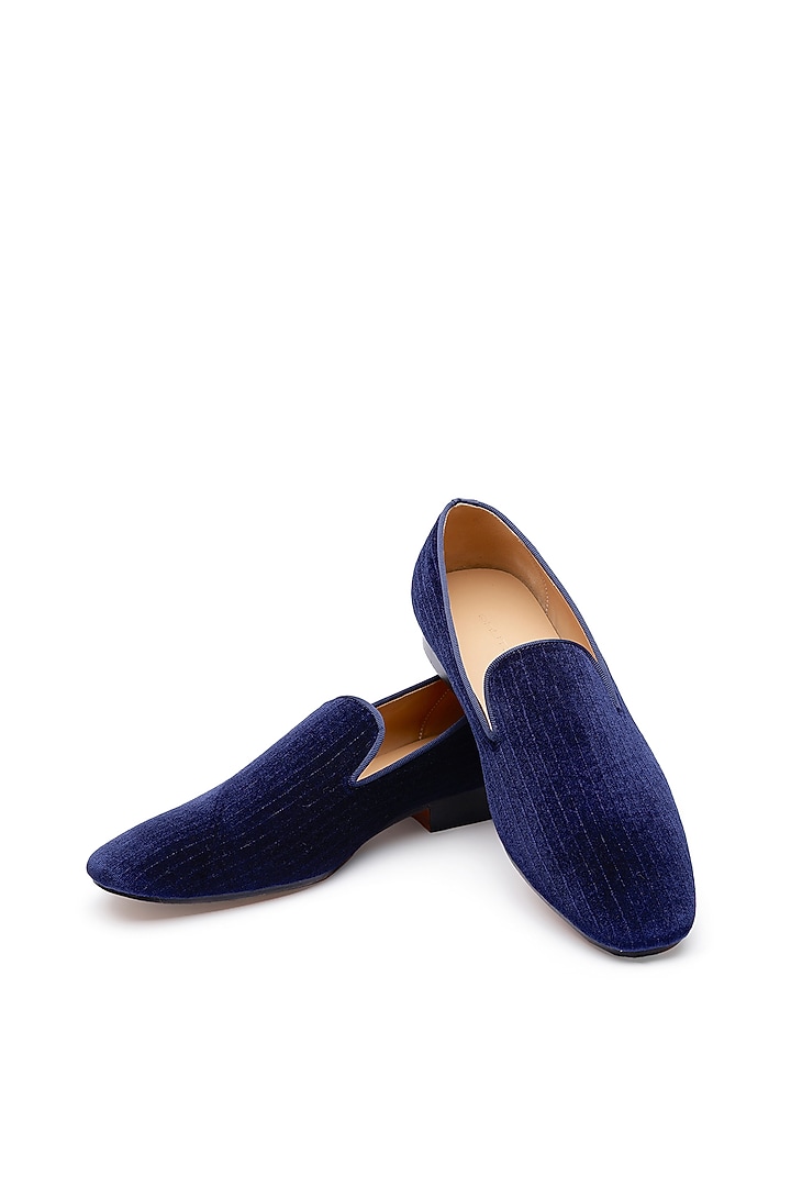 Navy Blue Velvet Embroidered Slip-Ons Shoes by SHUTIQ at Pernia's Pop Up Shop