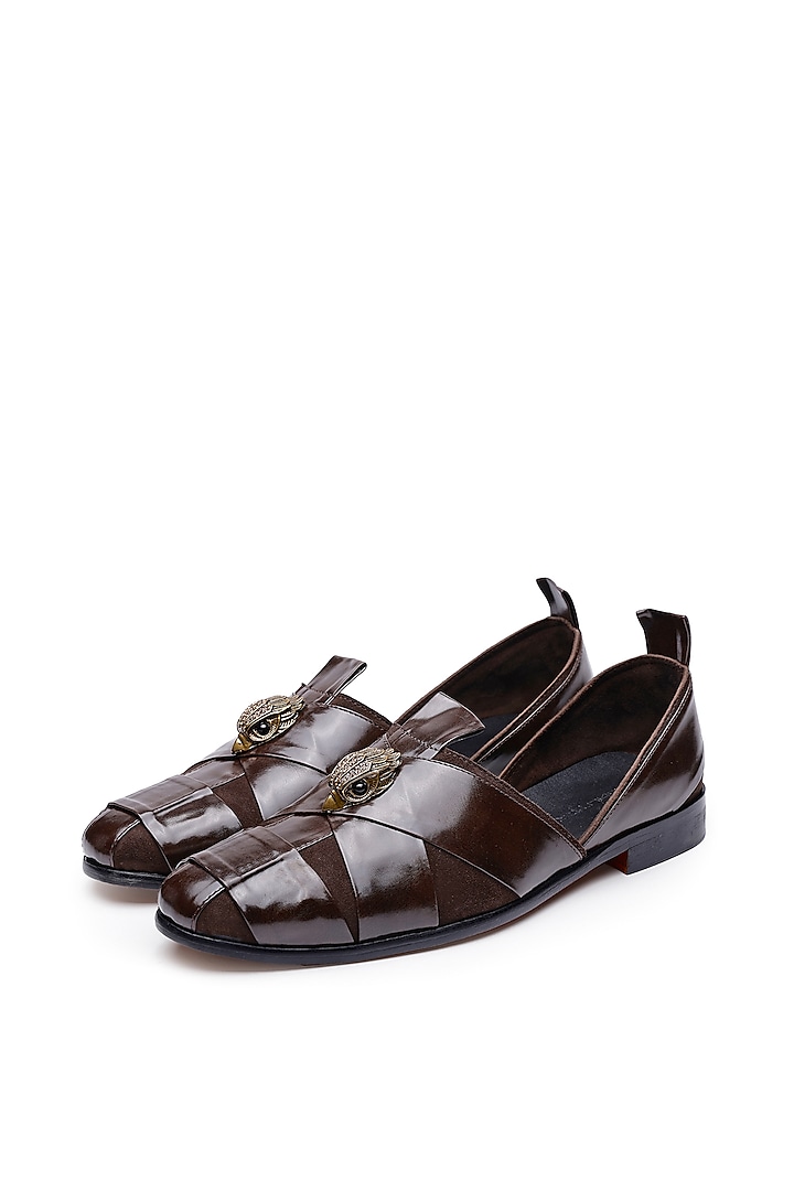 Brown Leather Embellished Sandals by SHUTIQ