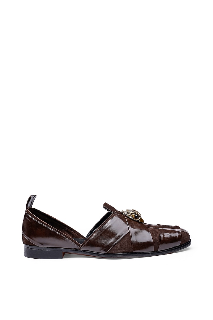 Brown Leather Embellished Sandals by SHUTIQ at Pernia's Pop Up Shop