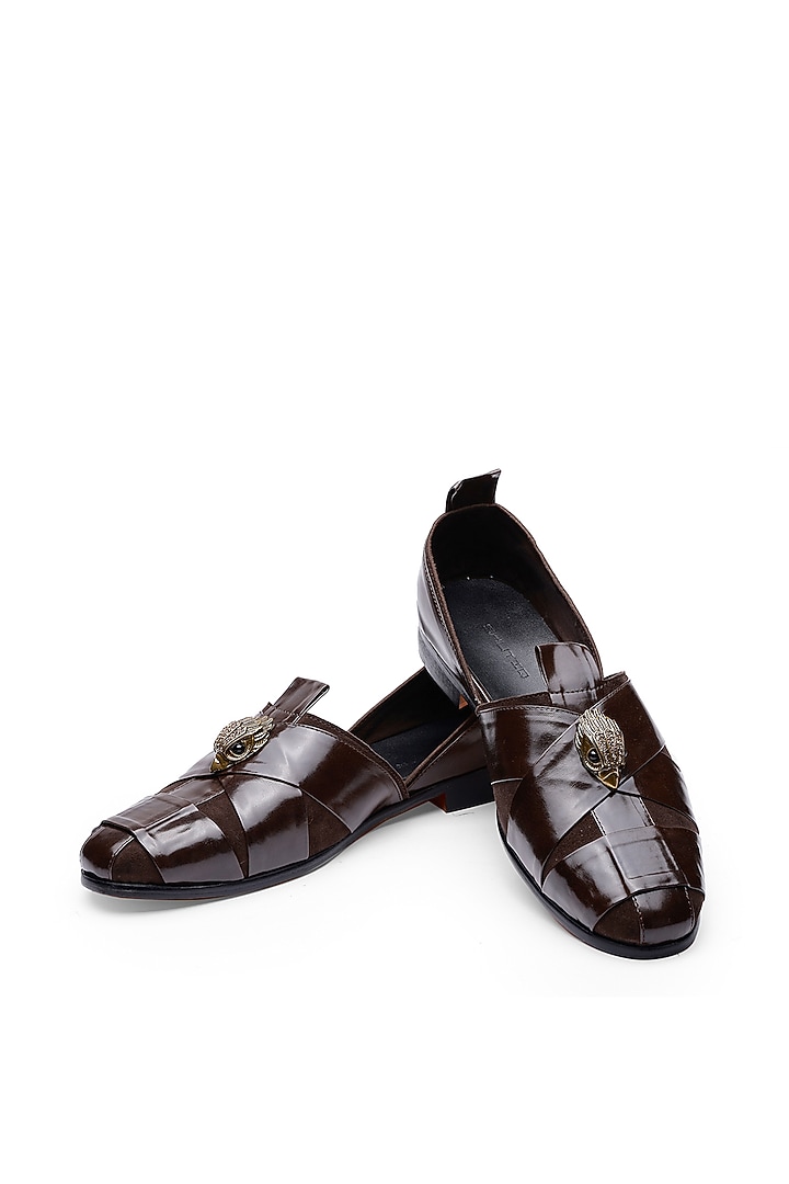 Brown Leather Embellished Sandals by SHUTIQ at Pernia's Pop Up Shop