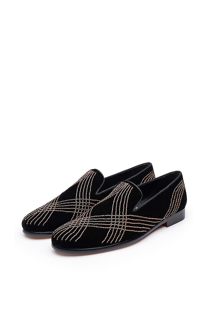 Black Velvet Embroidered Slip-Ons Shoes by SHUTIQ