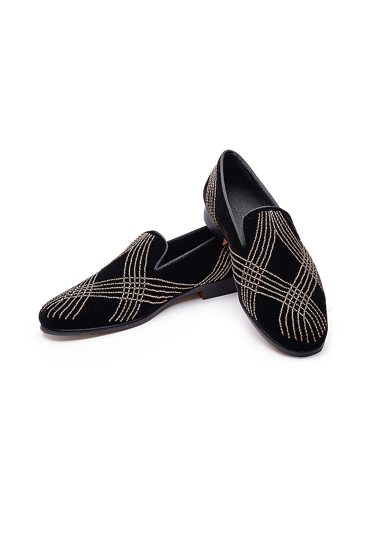Black Velvet Embroidered Slip-Ons Shoes by SHUTIQ at Pernia's Pop Up Shop