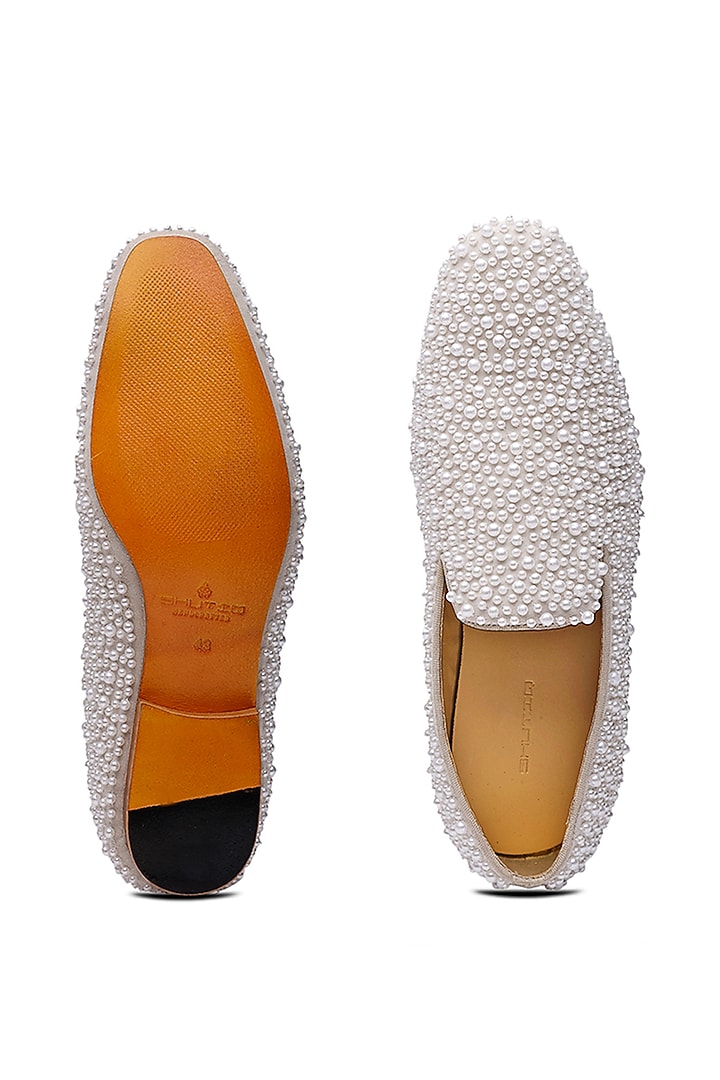 White Suede Pearl Embellished Slip-Ons Shoes by SHUTIQ at Pernia's Pop Up Shop