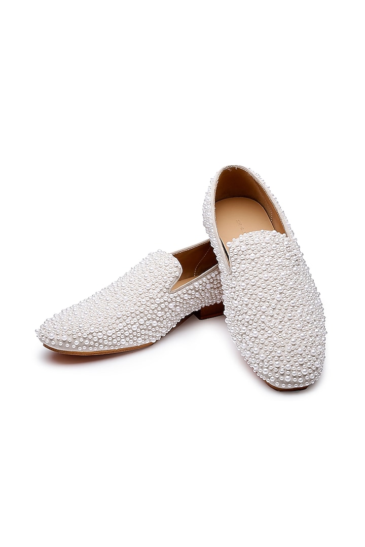 White Suede Pearl Embellished Slip-Ons Shoes by SHUTIQ at Pernia's Pop Up Shop