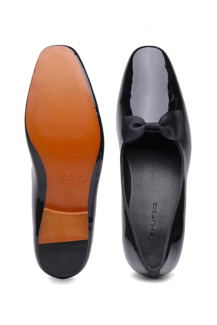 Black Patent Leather Bow Slip-On Shoes by SHUTIQ at Pernia's Pop Up Shop