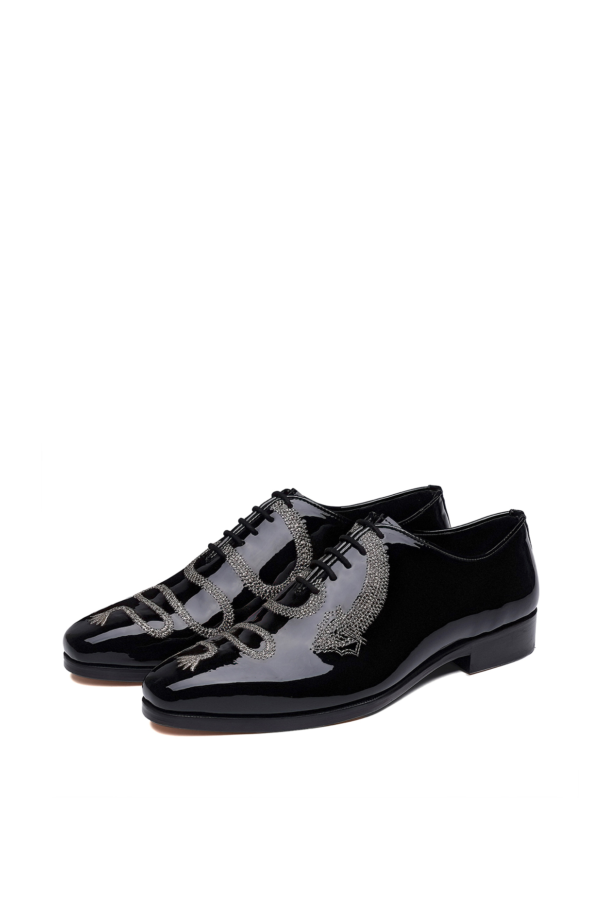 Black Patent Leather Dragon Stitch Lace-Up Shoes by SHUTIQ