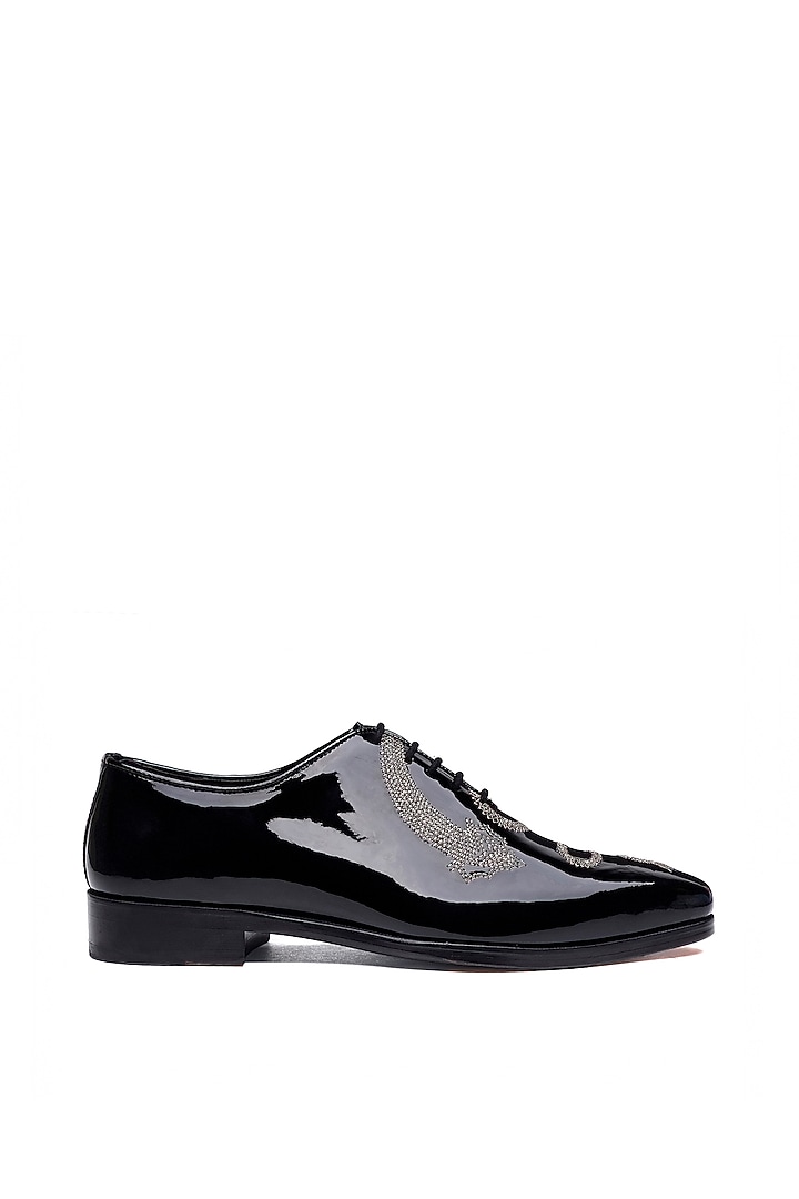 Black Patent Leather Dragon Stitch Lace-Up Shoes by SHUTIQ at Pernia's Pop Up Shop