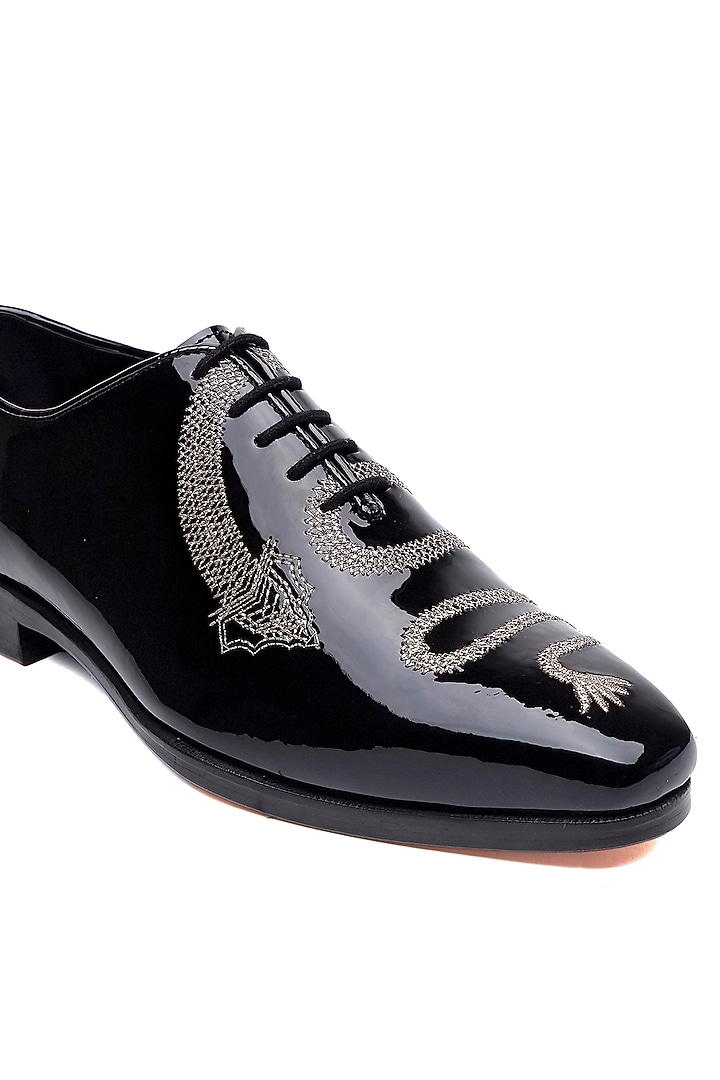 Black Patent Leather Dragon Stitch Lace-Up Shoes by SHUTIQ at Pernia's Pop Up Shop