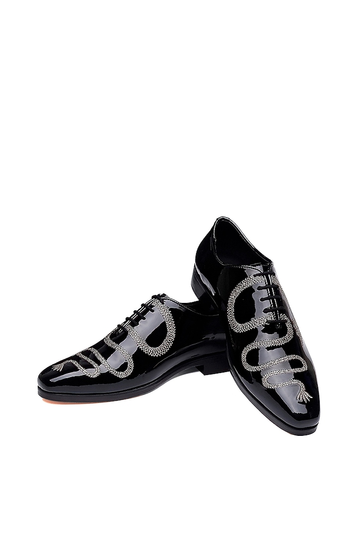 Black Patent Leather Dragon Stitch Lace-Up Shoes by SHUTIQ at Pernia's Pop Up Shop
