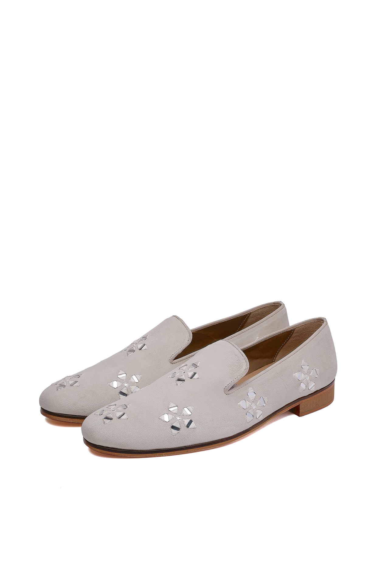 Ivory Suede Floral Hand Embroidered Slip-On Shoes by SHUTIQ