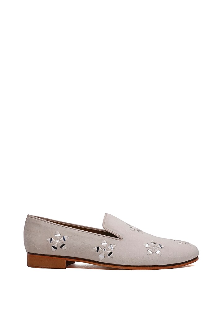 Ivory Suede Floral Hand Embroidered Slip-On Shoes by SHUTIQ at Pernia's Pop Up Shop