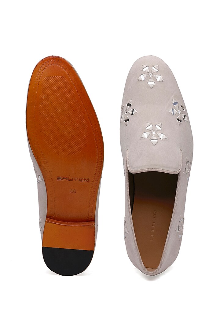 Ivory Suede Floral Hand Embroidered Slip-On Shoes by SHUTIQ at Pernia's Pop Up Shop