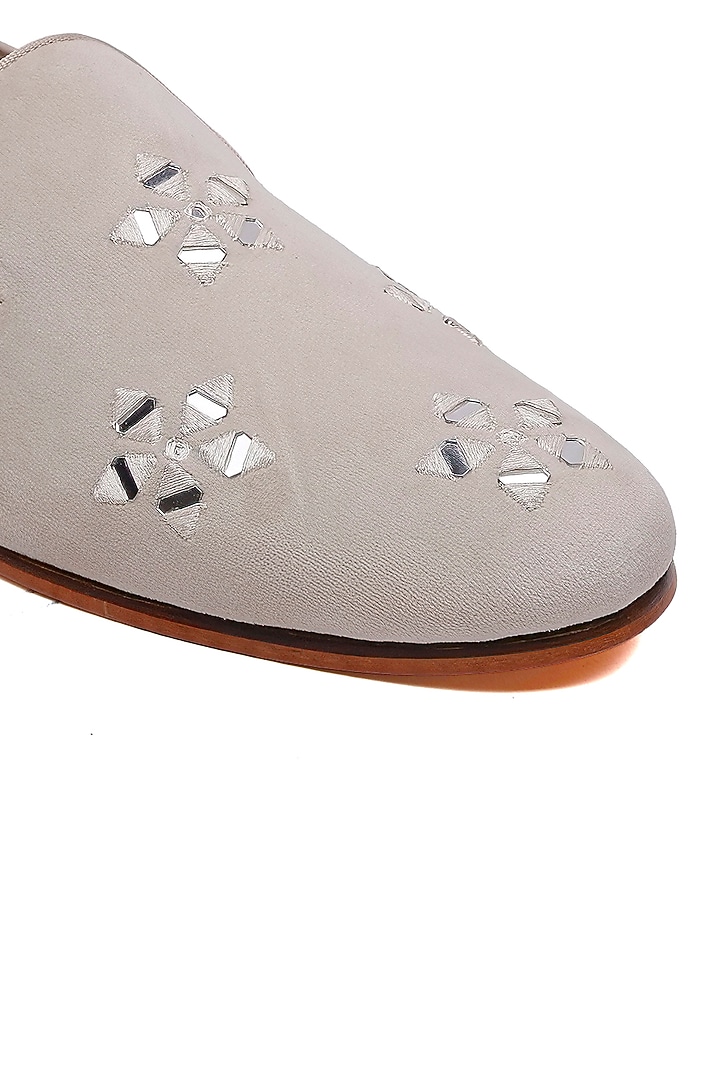 Ivory Suede Floral Hand Embroidered Slip-On Shoes by SHUTIQ at Pernia's Pop Up Shop