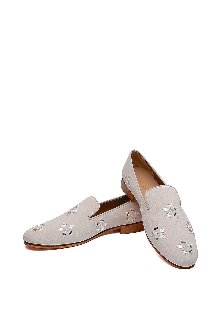 Ivory Suede Floral Hand Embroidered Slip-On Shoes by SHUTIQ at Pernia's Pop Up Shop