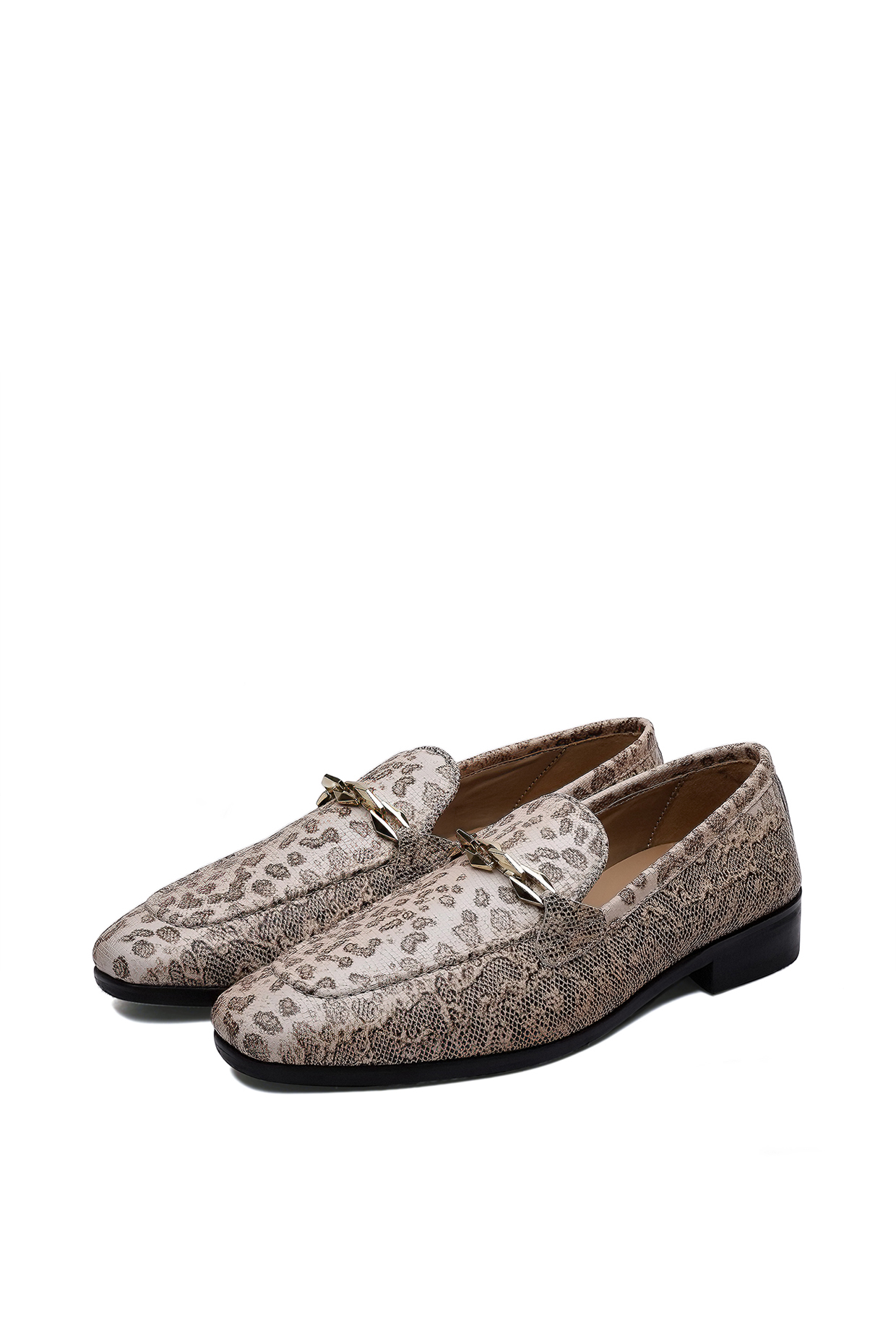 Beige Patent Leather Leopard Printed Slip-On Shoes by SHUTIQ
