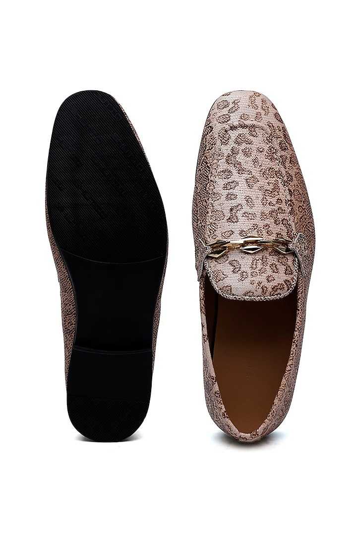 Beige Patent Leather Leopard Printed Slip-On Shoes by SHUTIQ at Pernia's Pop Up Shop