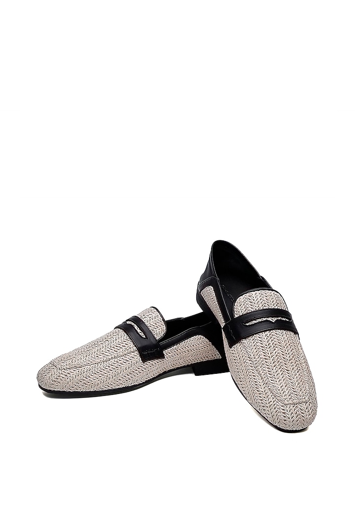 Ivory Fabric Stitched T-Shaped Slip-On Shoes by SHUTIQ at Pernia's Pop Up Shop
