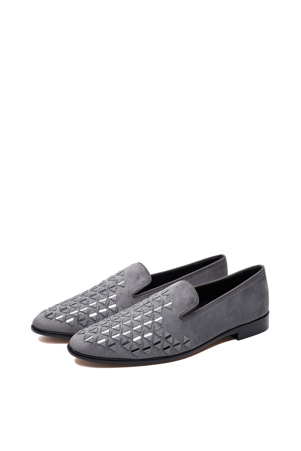 Grey Suede Hand Embroidered Slip-On Shoes by SHUTIQ