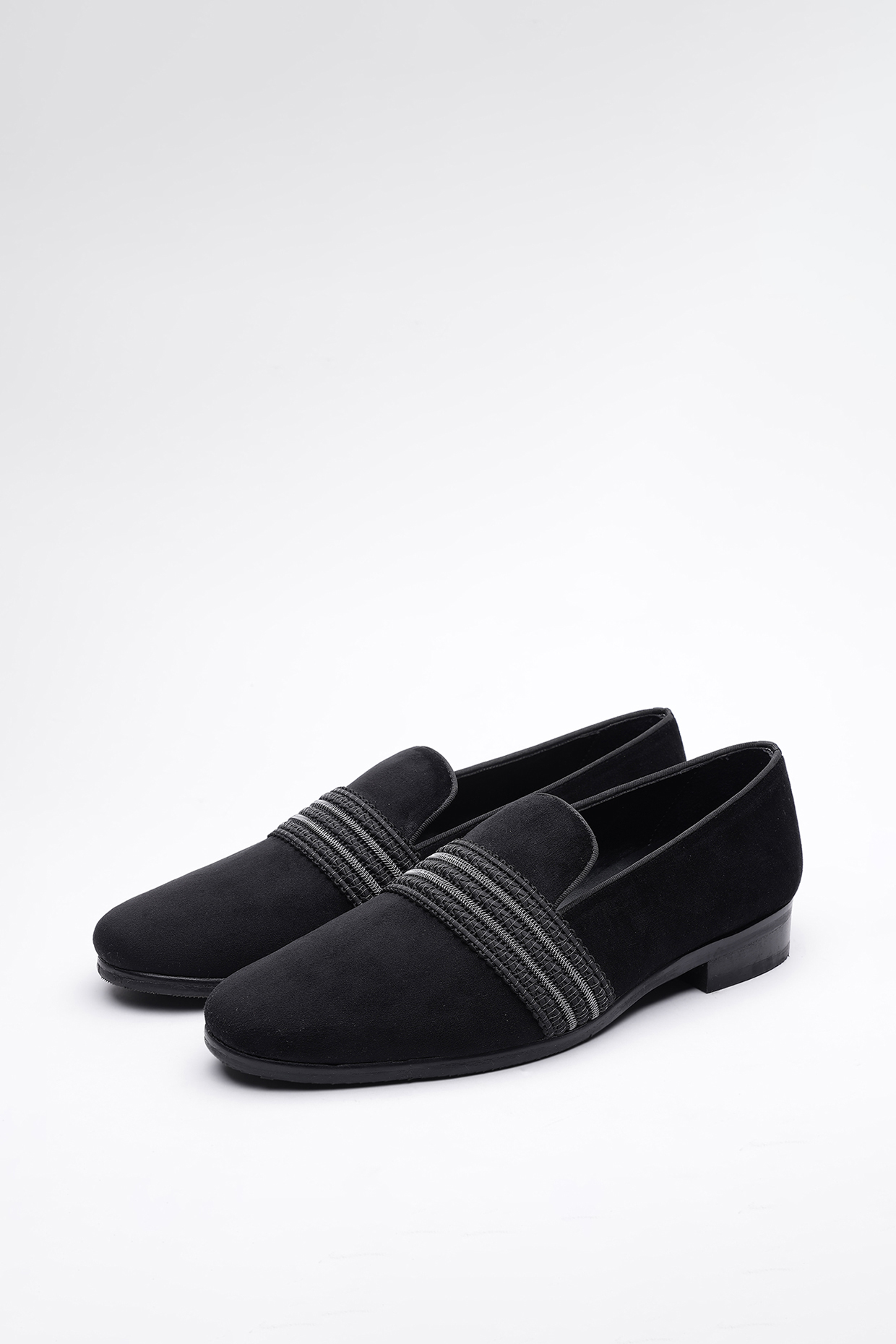 Black Suede Bar-Stitched Slip-On Shoes by SHUTIQ