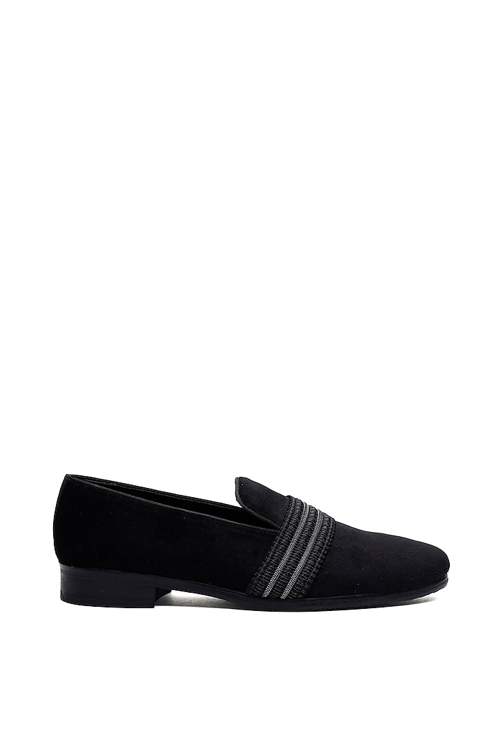 Black Suede Bar-Stitched Slip-On Shoes by SHUTIQ at Pernia's Pop Up Shop