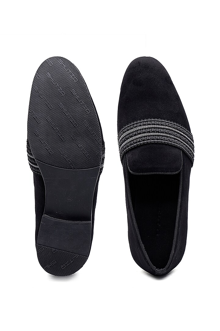 Black Suede Bar-Stitched Slip-On Shoes by SHUTIQ at Pernia's Pop Up Shop