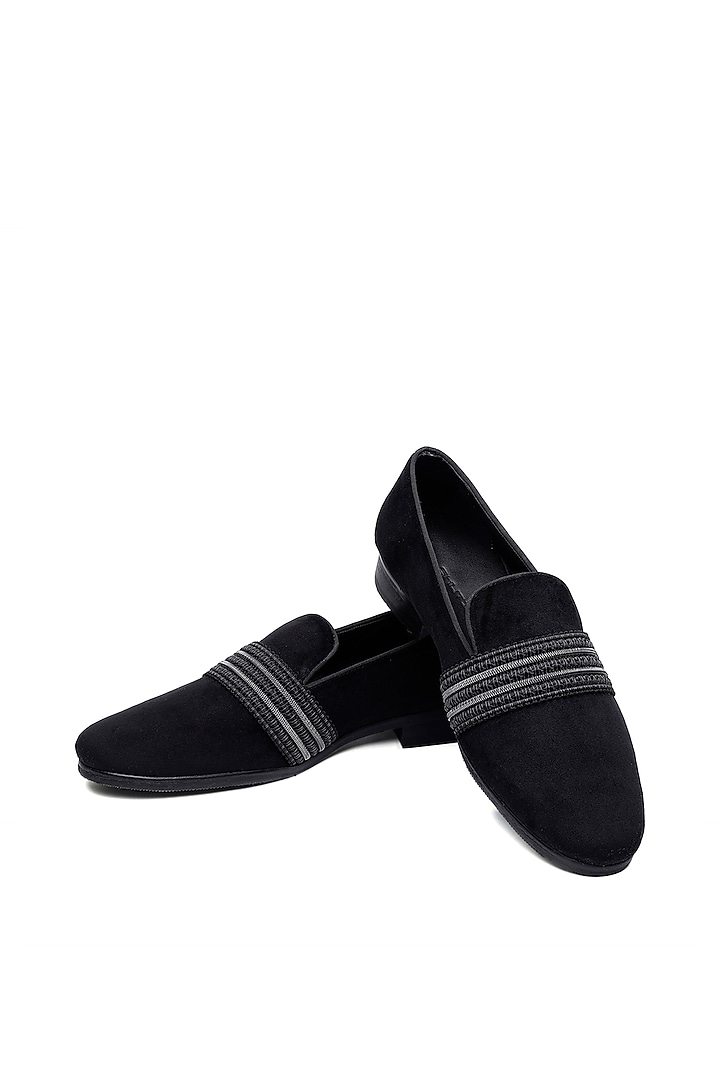 Black Suede Bar-Stitched Slip-On Shoes by SHUTIQ at Pernia's Pop Up Shop
